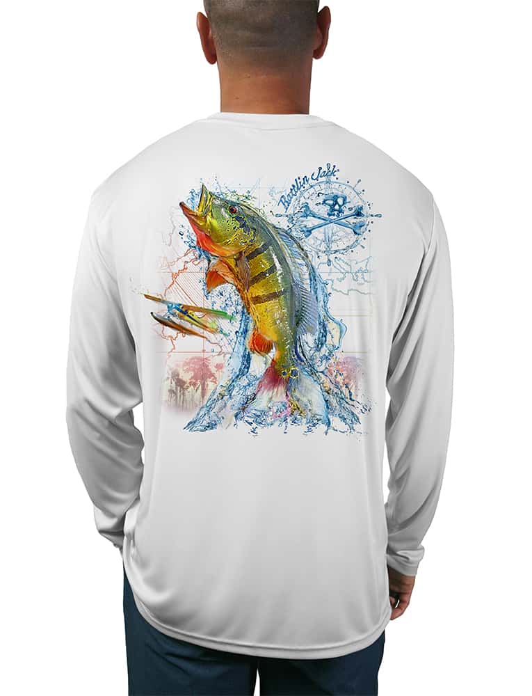 Men's Water Marlin Fishing Shirt UV Protection by Rattlin Jack | Long Sleeve | UPF 50 | Performance Polyester Rash Guard | L / White