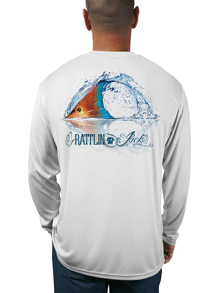Men's Texas Rigged Bass UV Fishing Shirt by Rattlin Jack | Long Sleeve | UPF 50 Sun Protection | Performance Polyester Rash Guard | XL / LT.BLUE
