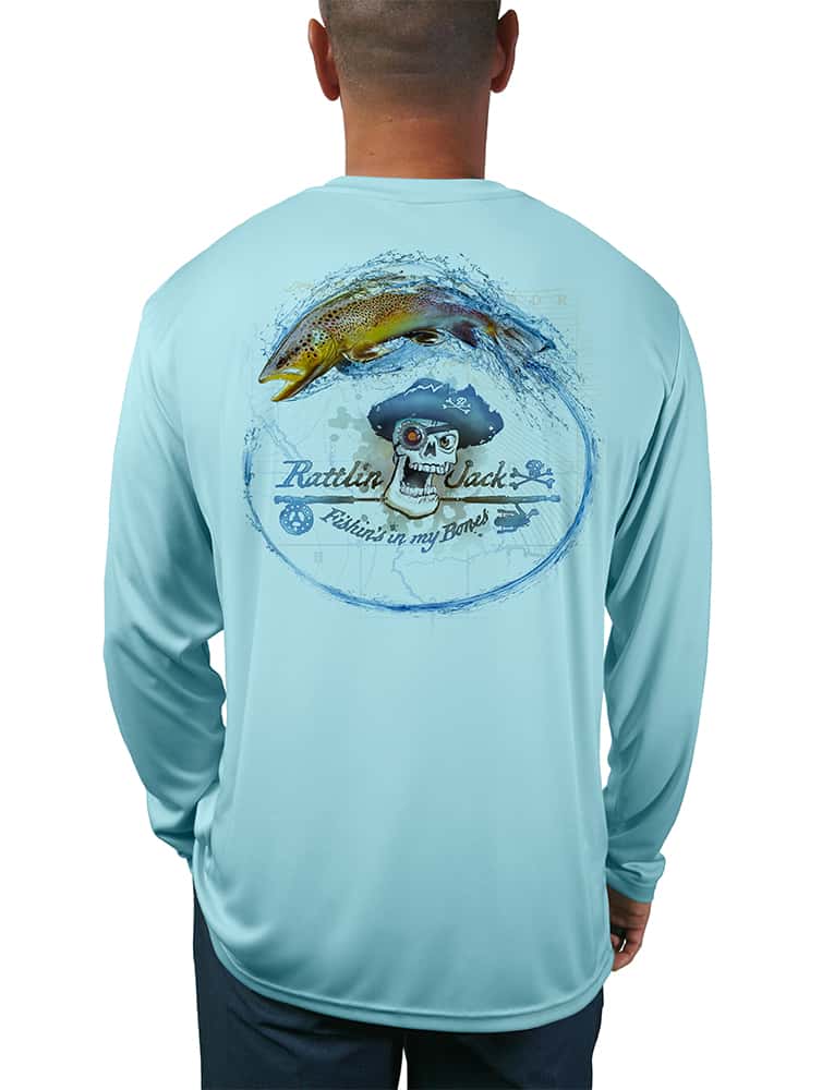 Men's UV Rainbow Trout Fishing Shirt by Rattlin Jack | Long Sleeve | UPF 50 Sun Protection | Performance Polyester Rash Guard | M / Teal