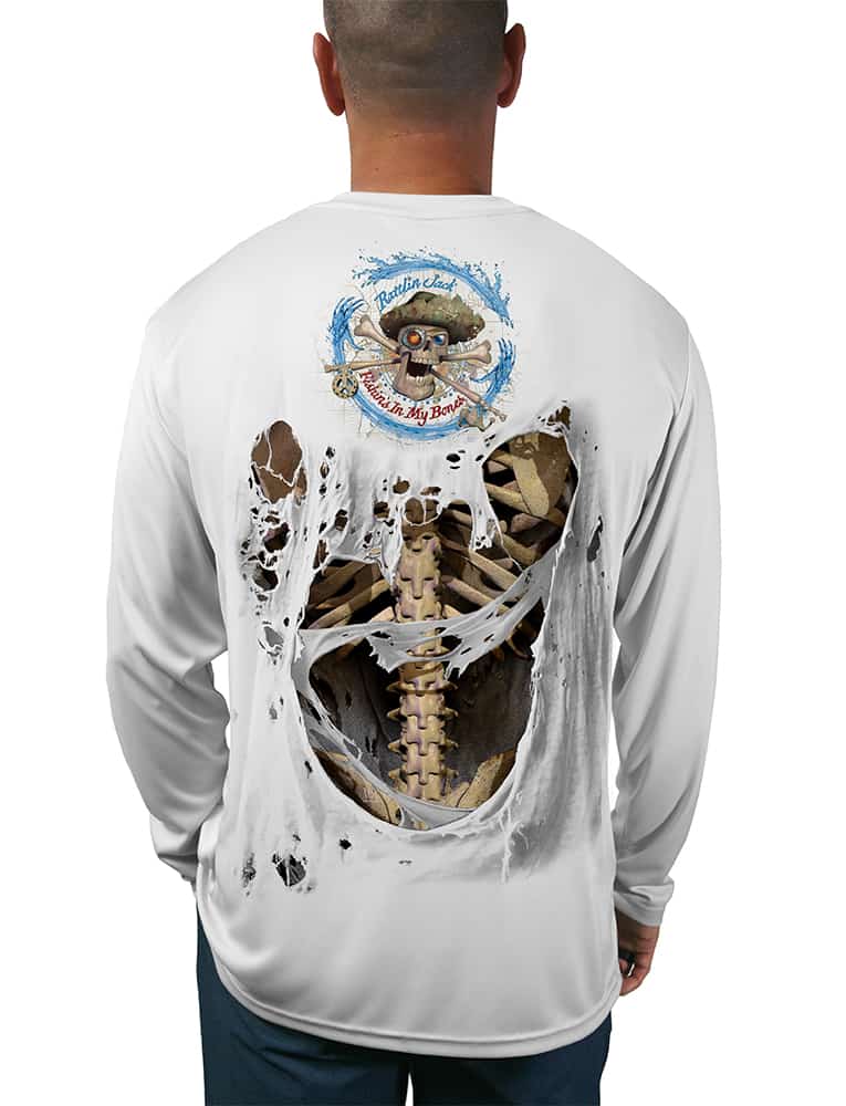 Men's Skeleton Bones UV Fishing Shirt by Rattlin Jack | Long Sleeve | UPF 50 Sun Protection | Performance Polyester Rash Guard | L / White