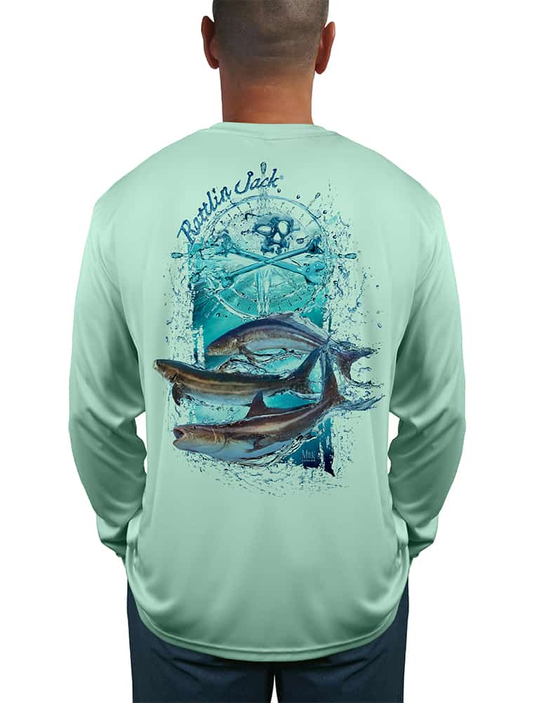 Men's Cobia Sun Protection Fishing Shirt by Rattlin Jack | Long Sleeve | UPF 50 | Wicking | Performance Polyester Rash Guard | L / LT.BLUE