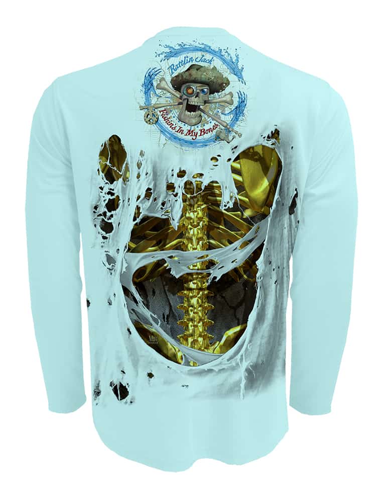 Men's Gold Bones Fishing Shirt UV by Rattlin Jack | Long Sleeve | UPF 50 Sun Protection | Performance Polyester Rash Guard | L / LT.BLUE
