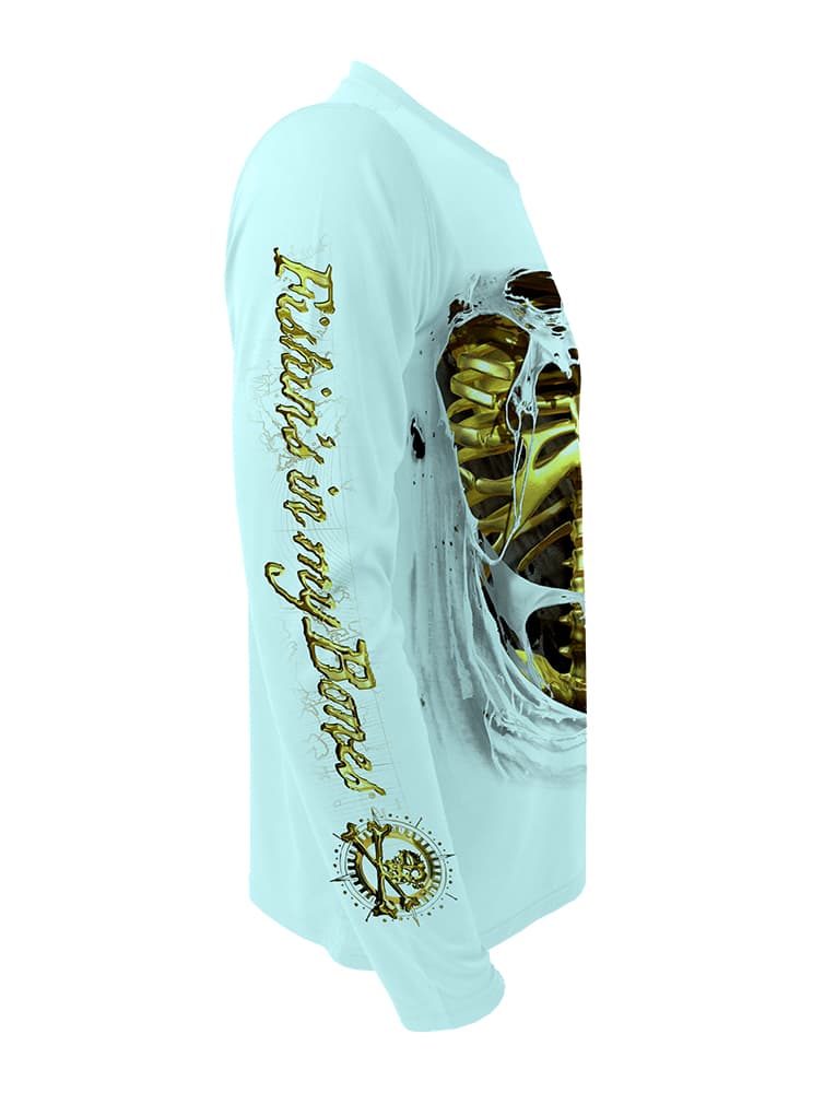 Men's Gold Bones Fishing Shirt UV by Rattlin Jack | Long Sleeve | UPF 50 Sun Protection | Performance Polyester Rash Guard | L / LT.BLUE