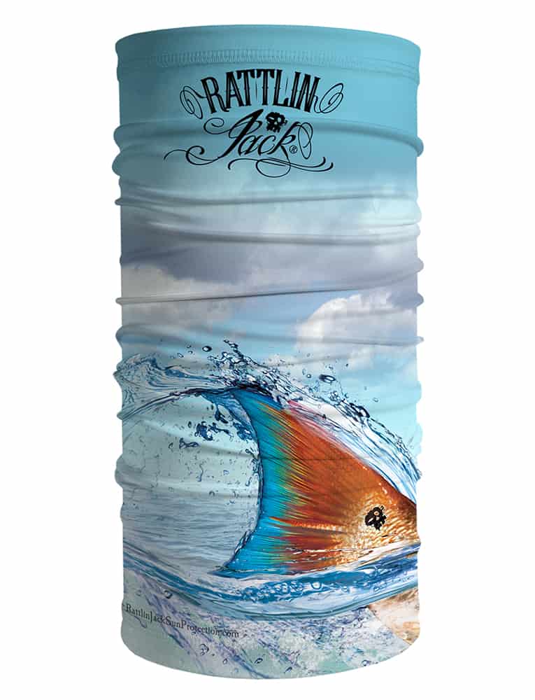 Rattlin Jack UV Neck Gaiter UPF 50 Tailing Redfish Moisture Wicking Sun Protection Unisex designed with extreme close up of redfish tail back view.