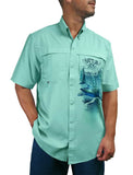 Men's Shark Button Down Sun Shirt by Rattlin Jack | UPF 50 Sun Protection | Lightweight Performance Fabric | Short Sleeves | Vented Back