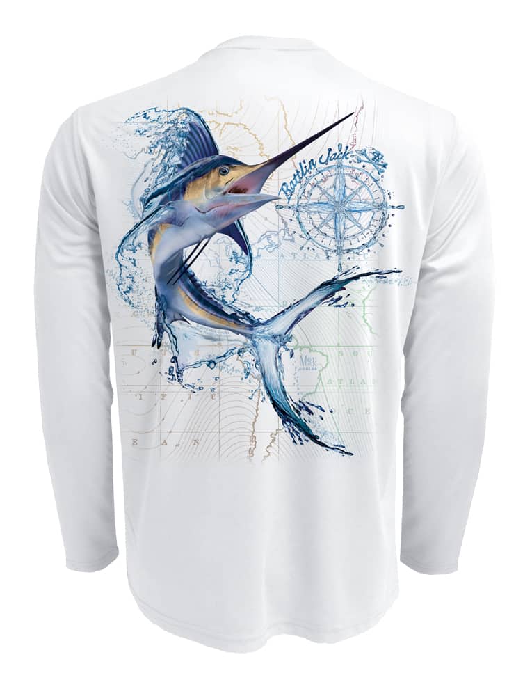 Men's Water Marlin Fishing Shirt UV Protection by Rattlin Jack | Long Sleeve | UPF 50 | Performance Polyester Rash Guard | L / White