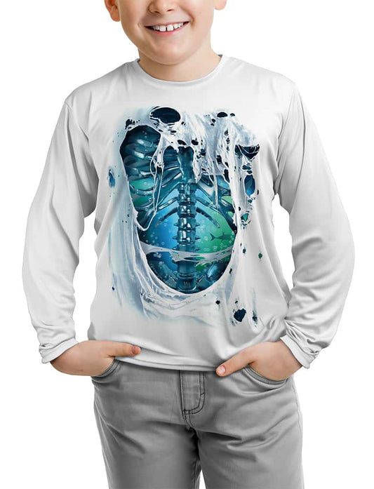 Boys-UV-Fishing-Shirt-Water-Bones shown in front view in white