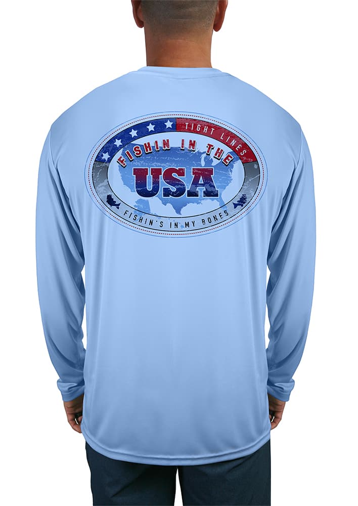 Fishin-in-the-USA-Mens-LS-UV-Shirt in Blue Back View