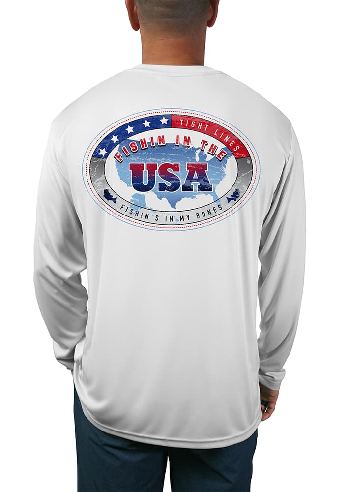 Fishin-in-the-USA-Mens-LS-UV-Shirt in White Back View