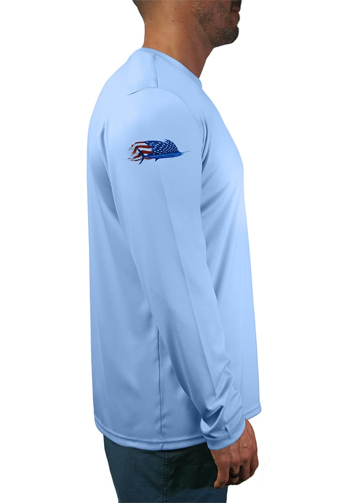 Fishin-in-the-USA-Mens-LS-UV-Shirt in Blue Right Sleeve View