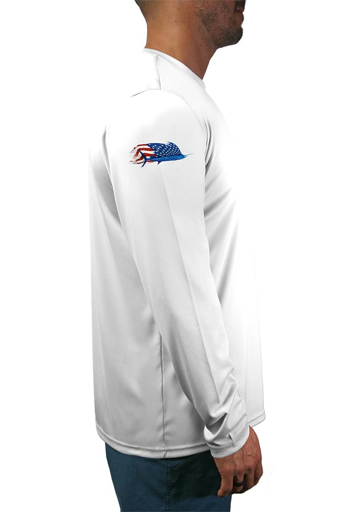 Fishin-in-the-USA-Mens-LS-UV-Shirt in White Right Sleeve view