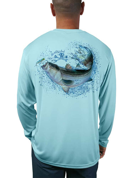 Men's Striped Bass UV Fishing Shirt by Rattlin Jack | Long Sleeve | UPF 50 Sun Protection | Performance Polyester Rash Guard | XL / LT.BLUE