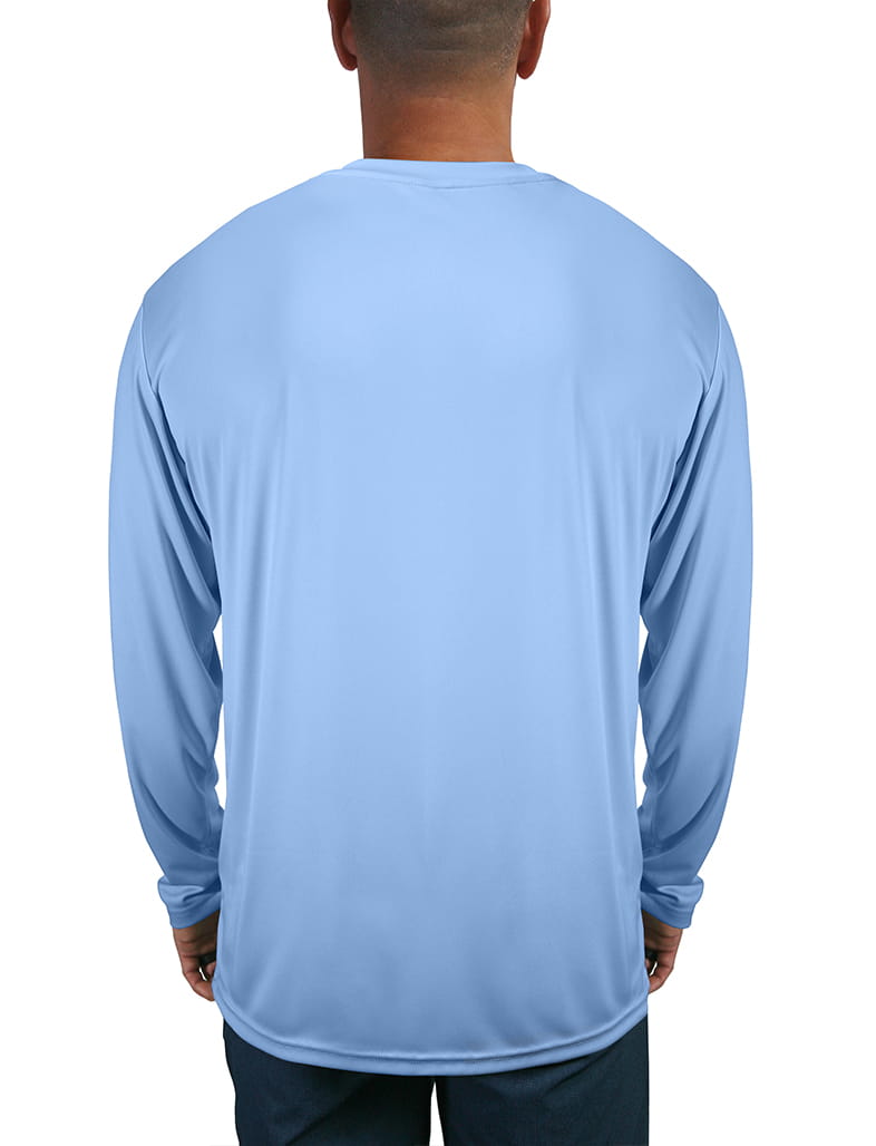 UV Rash Guard Crab Left Side Design, Back View in Blue