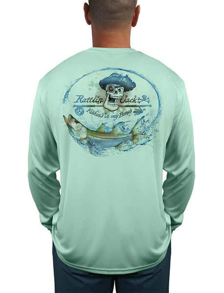 Men's UV Skull Logo Snook Fishing Shirt by Rattlin Jack | Long Sleeve | UPF 50 Sun Protection | Performance Polyester Rash Guard | XL / Teal