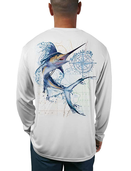 Men's Water Marlin Fishing Shirt UV Protection by Rattlin Jack | Long Sleeve | UPF 50 | Performance Polyester Rash Guard |