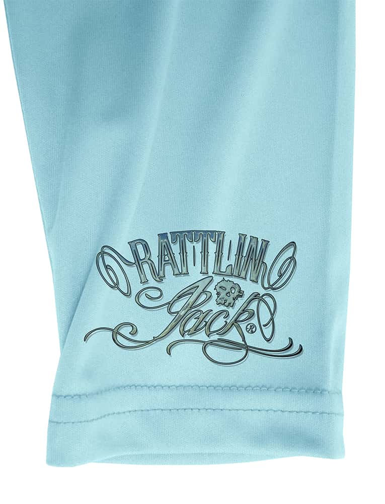 Mens-Wrist-Logo-UV-Fishing-Shirt Rattlin Jack Detail of Wrist in Lt. Blue