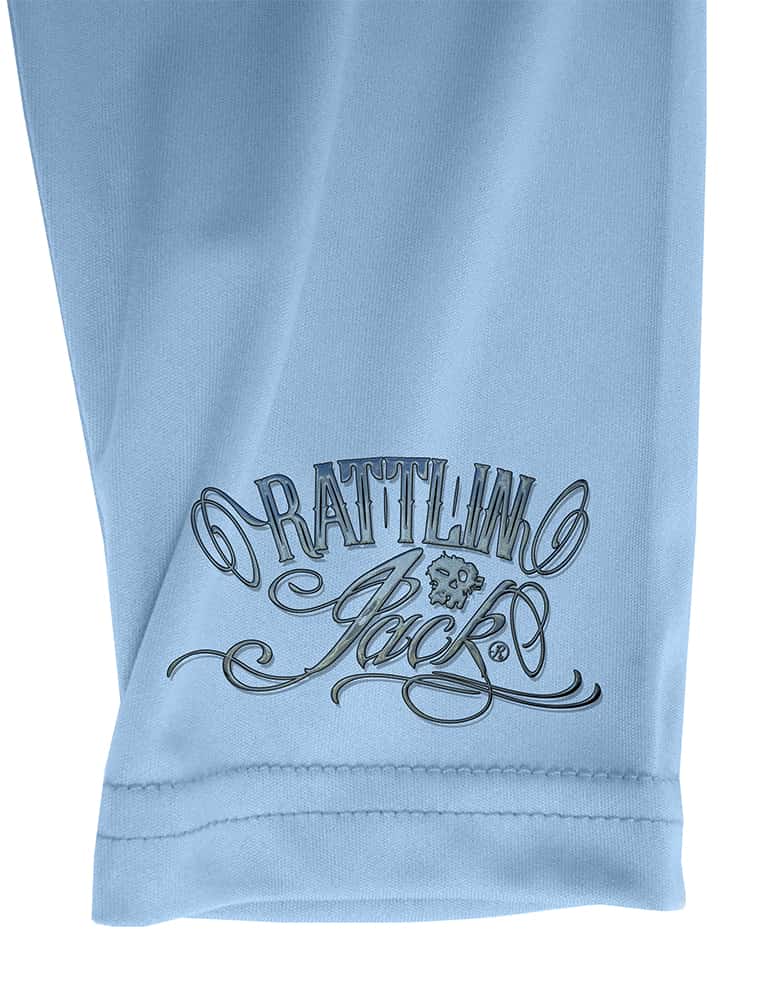 Mens-Wrist-Logo-UV-Fishing-Shirt Rattlin Jack Detail of Wrist in Blue