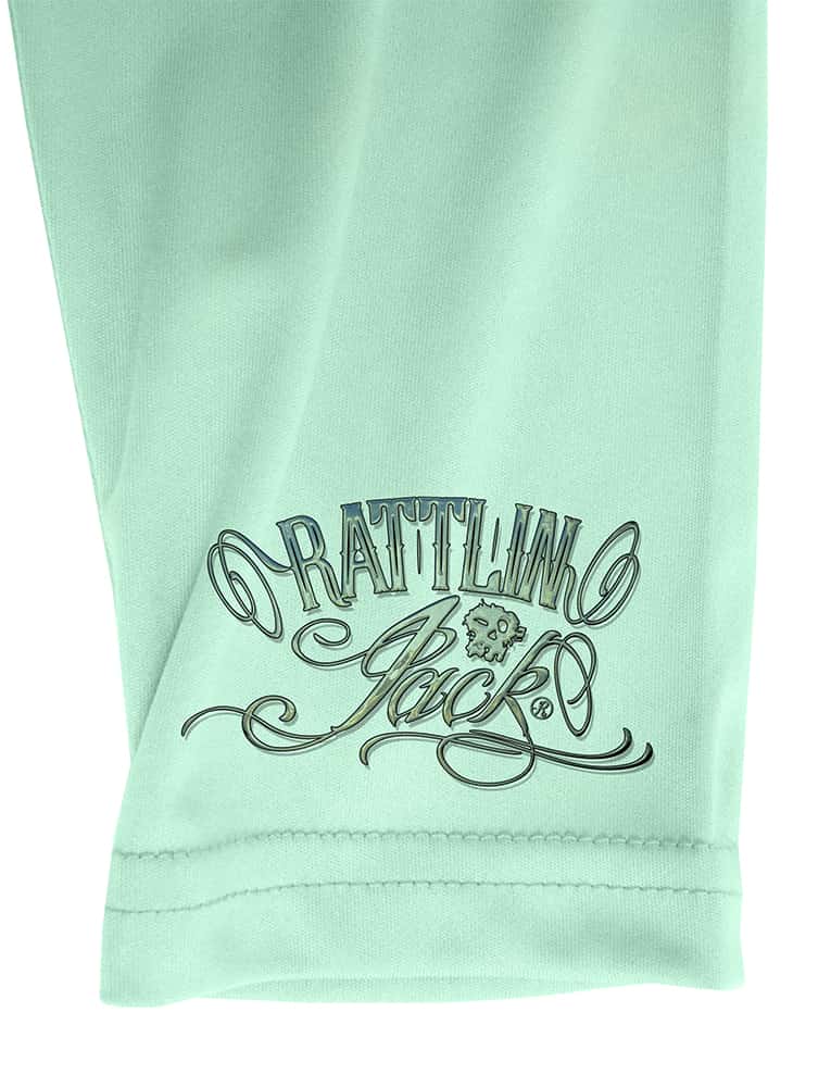 Mens-Wrist-Logo-UV-Fishing-Shirt Rattlin Jack Detail of Wrist in Teal