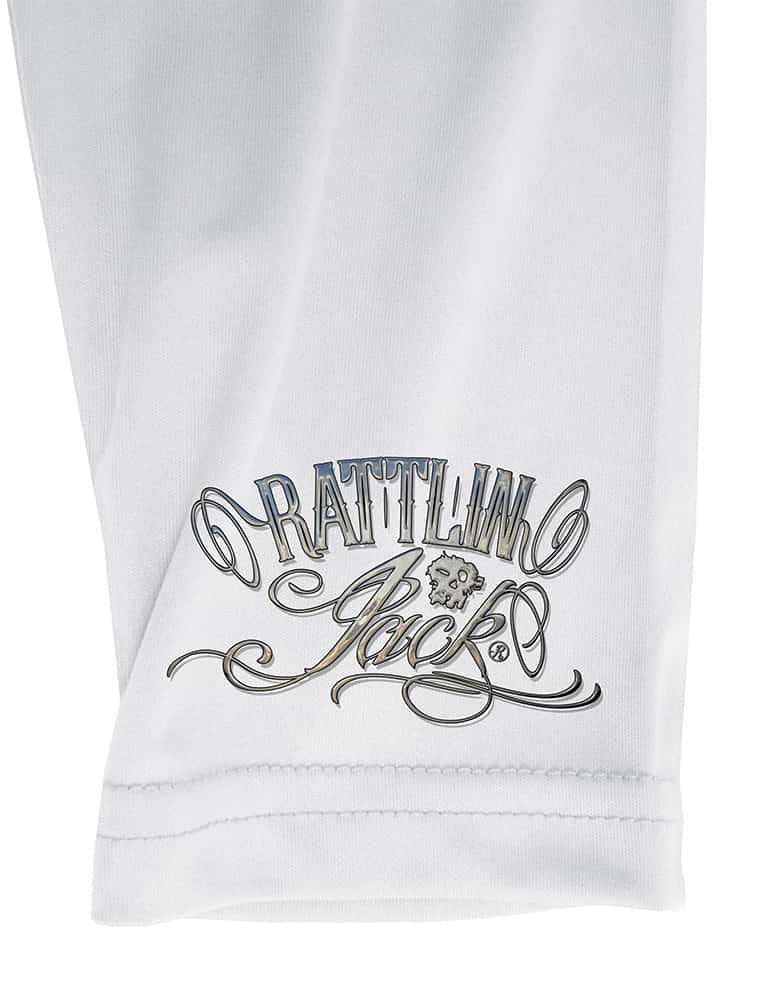 Mens-Wrist-Logo-UV-Fishing-Shirt Long sleeve Rattlin Jack Detail view in white