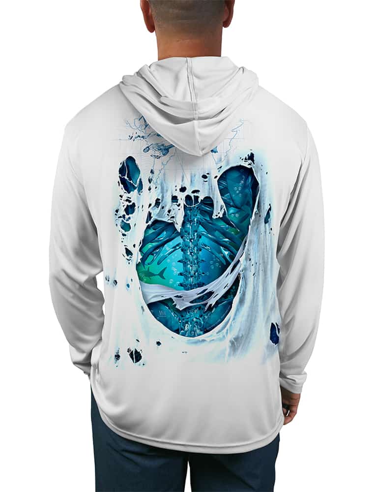 UV Hooded T for fishing with Skeleton Water design on back shown in back view in WHITE