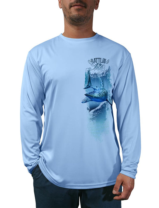 UV Fishing Shirt Shark Left Side Left Side Design shown in front view in blue