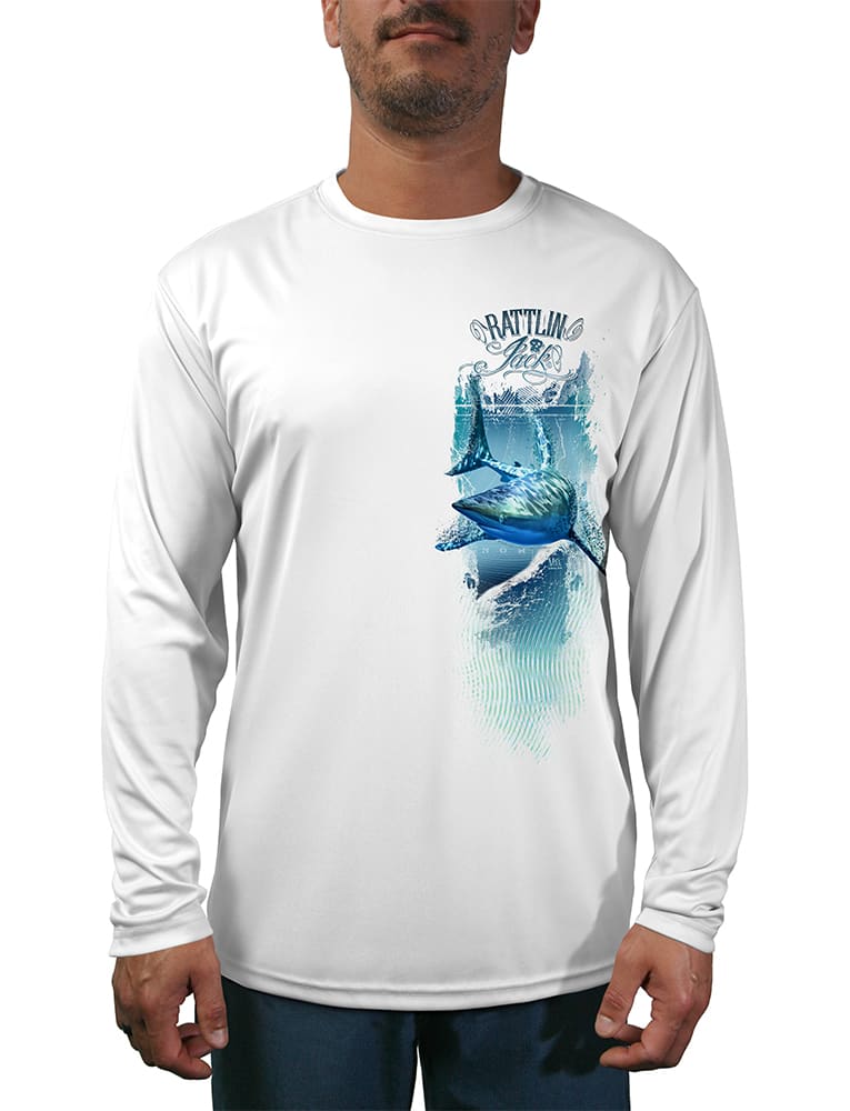 UV Fishing Shirt Shark Left Side Left Side Design shown in front view in white