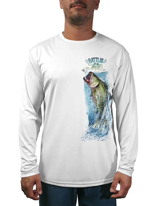 UV Fishing Shirt Tail Walking Bass Left Side Design shown in front view in white