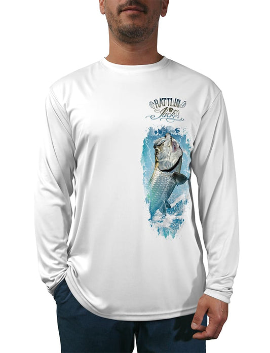 UV Fishing Shirt Tarpon Left Side Design shown in front view in white