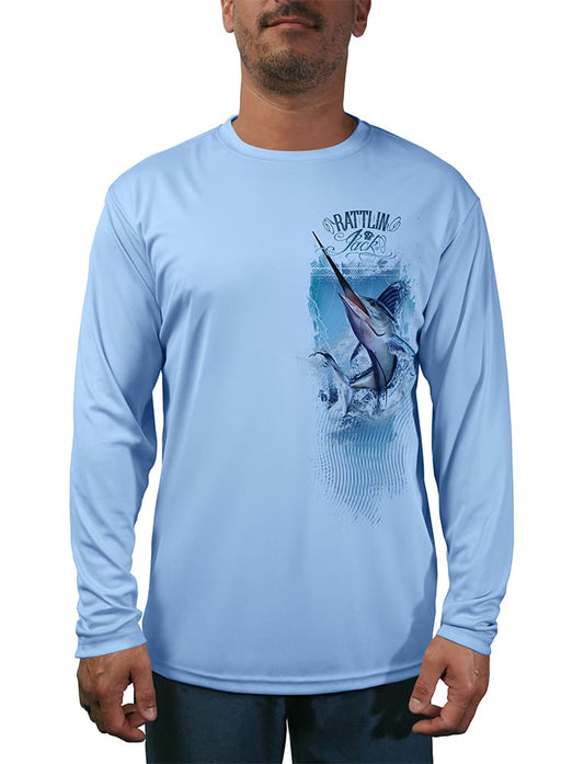 UV Fishing Shirt White Marlin Left Side Design shown in front view in blue