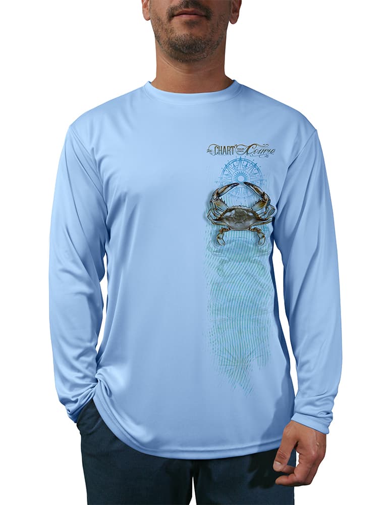 UV Rash Guard Crab Left Side Design,  Front View in Blue