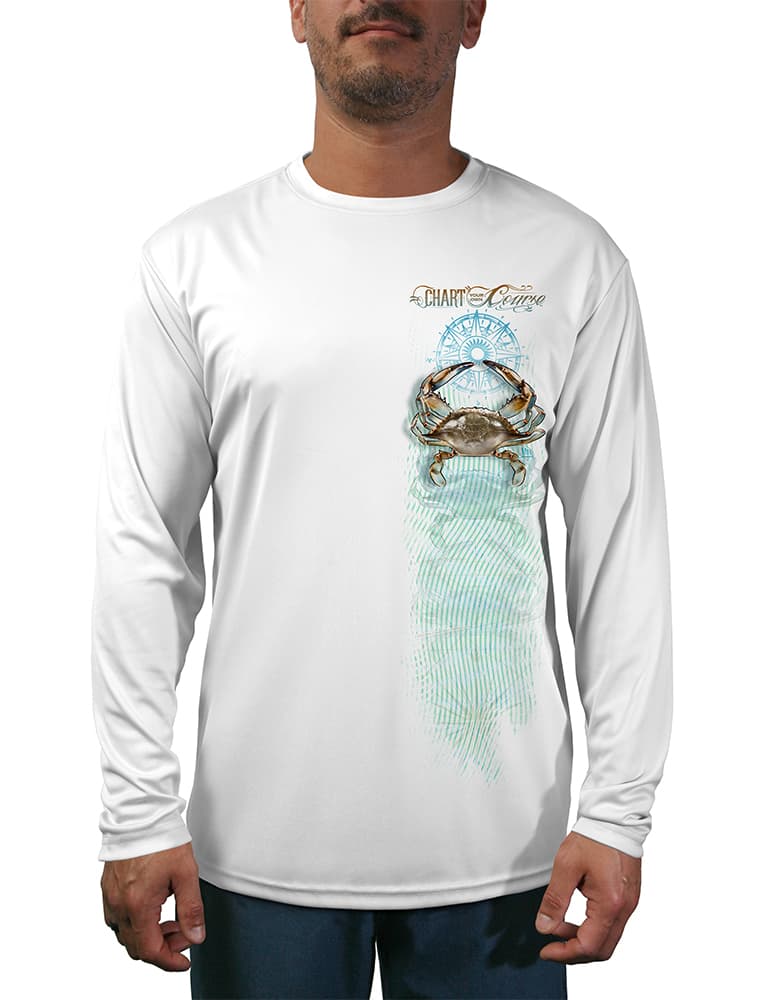 UV Rash Guard Crab Left Side Design, Front View in White