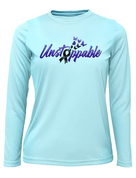 Womens-Unstoppable-UV-Crew-Neck Long Sleeves in Lt. Blue Back View