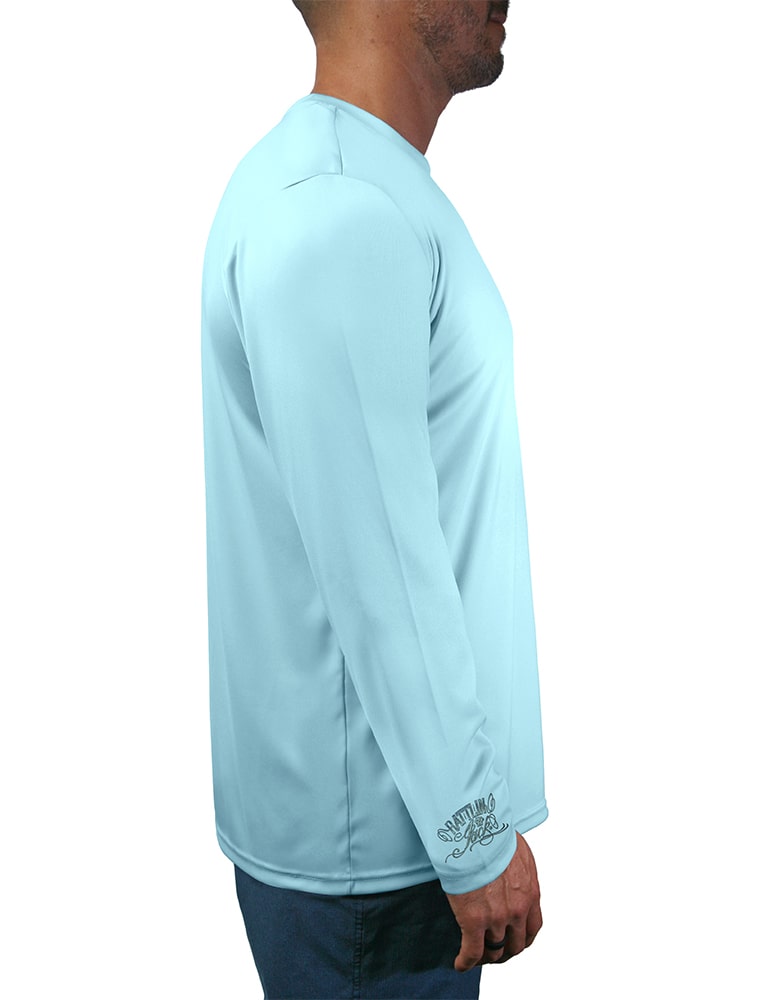 Mens-Wrist-Logo-UV-Fishing-Shirt Long Sleeve Rattlin Jack Right View in Lt. Blue