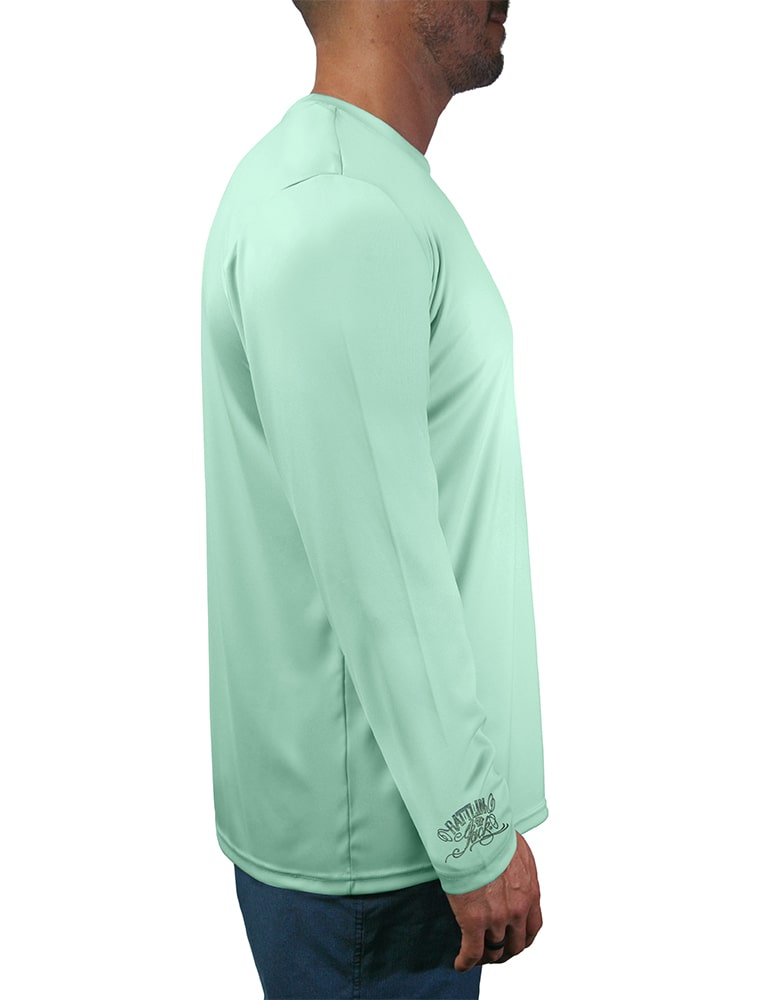 Mens-Wrist-Logo-UV-Fishing-Shirt Rattlin Jack Long sleeve Back view in teal