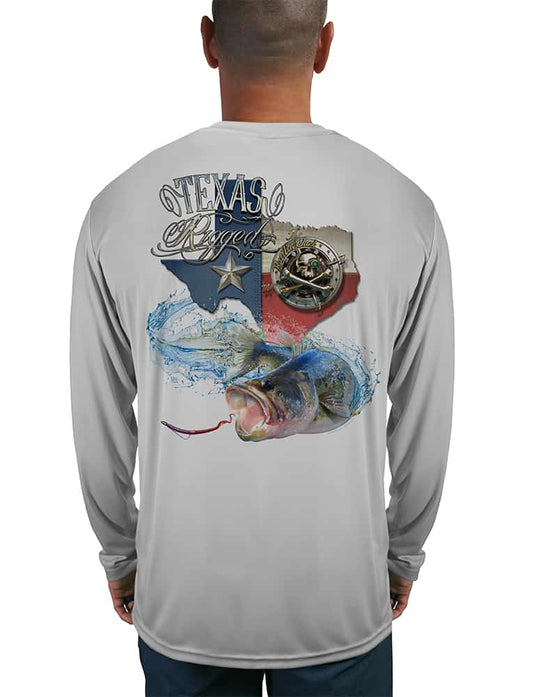 Men's Texas Rigged Bass UV Fishing Shirt by Rattlin Jack | Long Sleeve | UPF 50 Sun Protection | Performance Polyester Rash Guard |