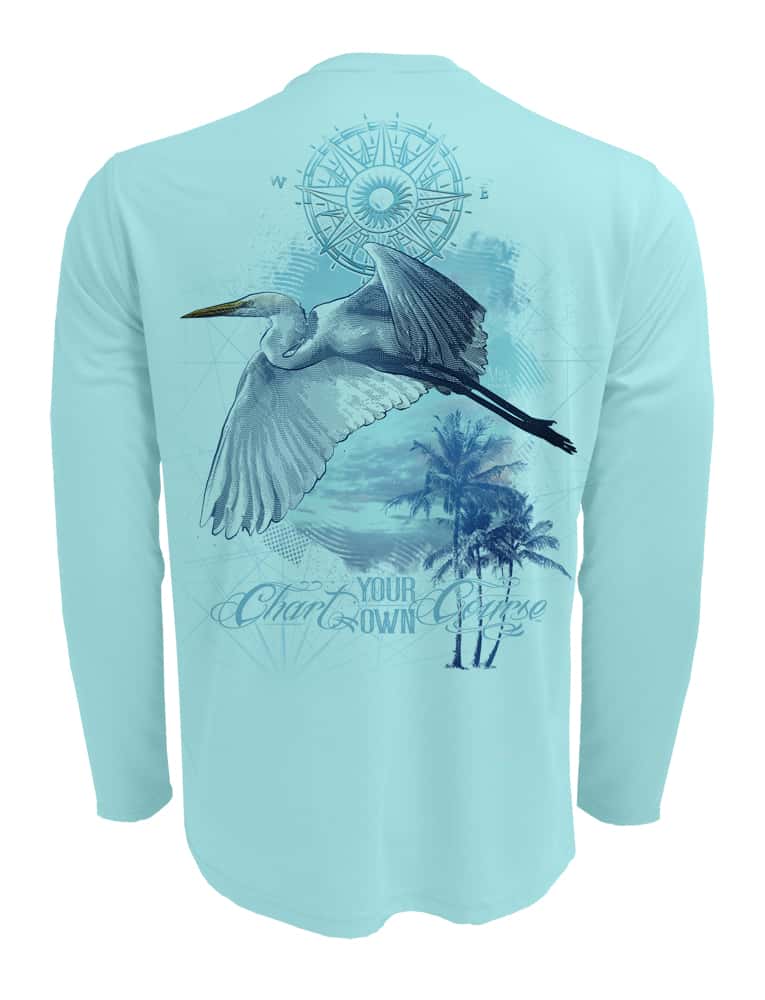 Chart-Your-Own-Course-Egret-Sun-Block-Beach-Shirt-Back view in Aqua