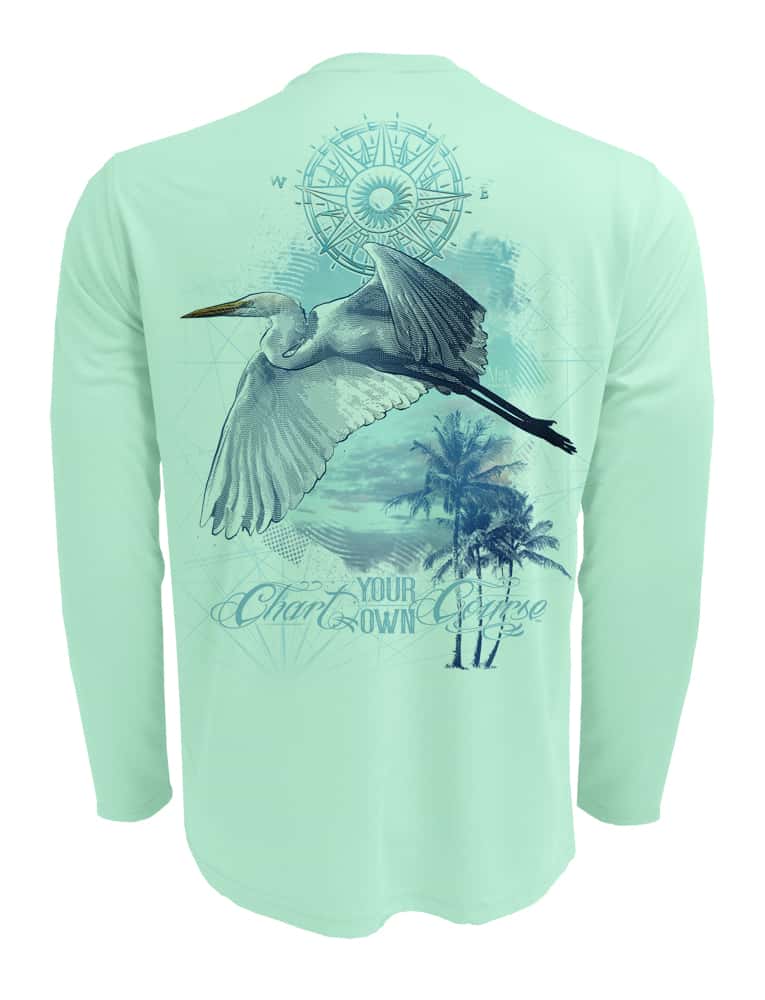 Chart-Your-Own-Course-Egret-Sun-Block-Beach-Shirt-Back view in Teal