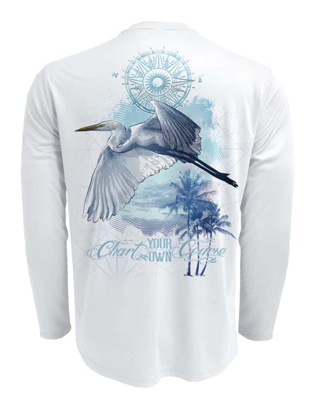Men's Egret Sunblock Beach Shirt by Chart Your Own Course | Long Sleeve | UPF 50 Sun Protection | Performance Polyester Rash Guard | 2XL Slim / White