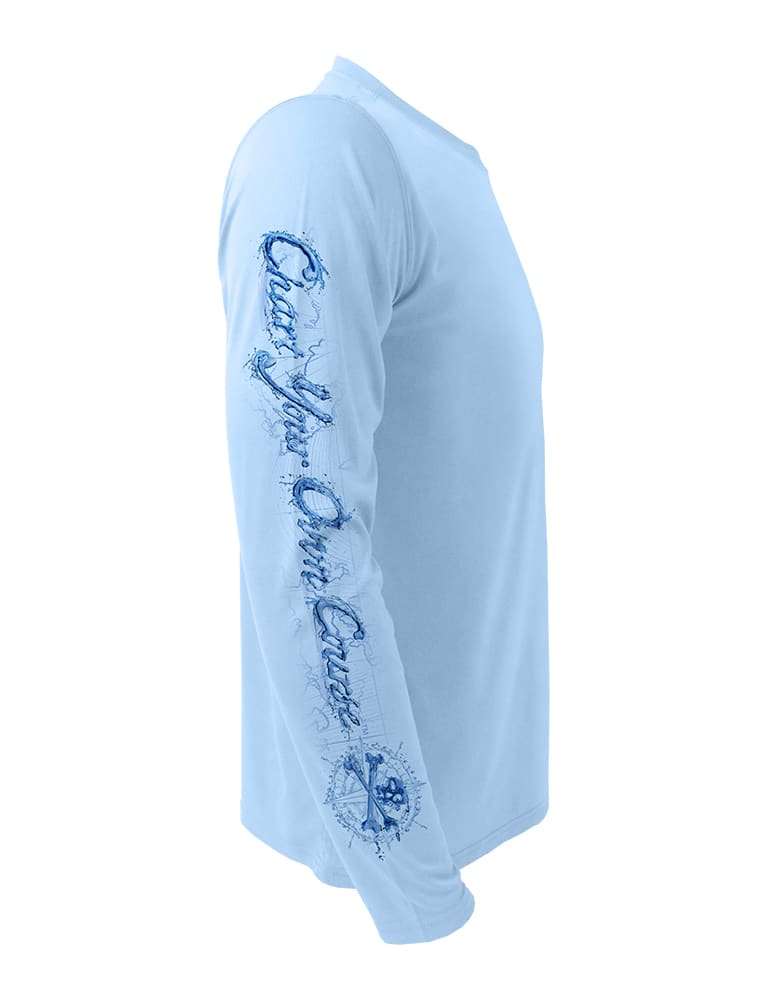 Chart-Your-Own-Course-Rattlin-Jack-Sun-Protection-Right-Sleeve shown in Blue on the Rattlin-Jack-Hogfish-UV-Spearfishing-Shirt-Mens