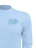Detail view of the left chest logo in Blue. All colors available in the Chart-Your-Own-Course-Sun-Protection-Beach-Shirt have blank sleeves.
