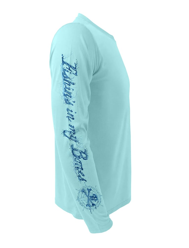 Fishins in My Bones Rattlin Jack Sun Protection Right Sleeve shown in Aqua on the Rattlin-Jack-Tail-Walking-Bass-Fishing-Shirt-Mens-UV