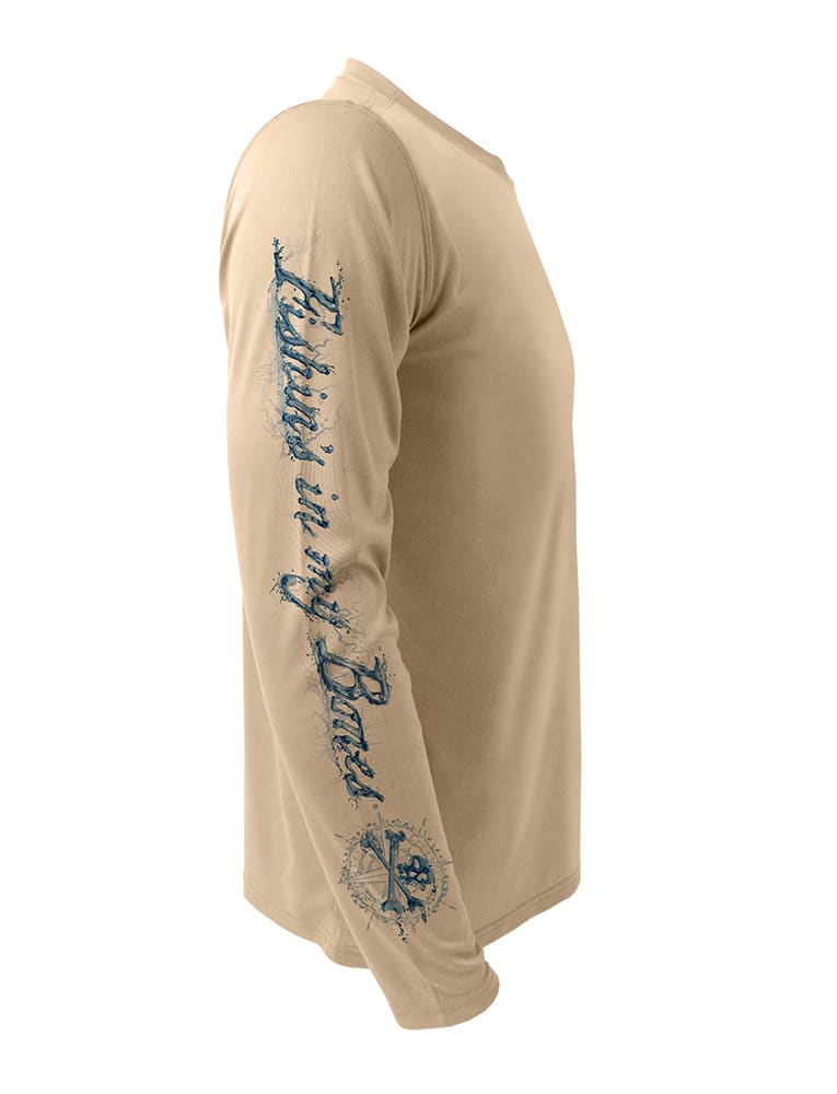 Fishins in My Bones Rattlin Jack Sun Protection Right Sleeve shown in Tan on the Rattlin Jack Striped Bass UV Fishing Shirt Men’s Moisture Wicking Long Sleeve UPF 50