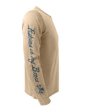 Fishins in My Bones Rattlin Jack Sun Protection Right Sleeve shown in Tan on the Rattlin-Jack-Skull-Logo-Brown-Trout-Mens-Long-Sleeve