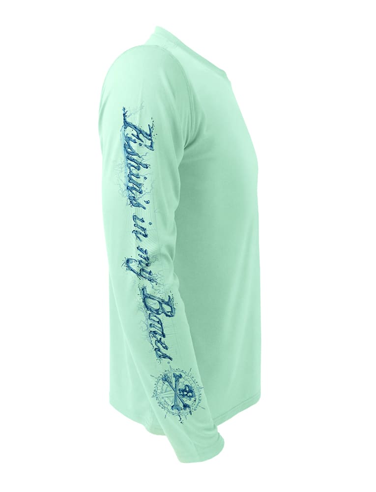 Fishins in My Bones Rattlin Jack Sun Protection Right Sleeve shown in Teal on the Rattlin Jack Striped Bass UV Fishing Shirt Men’s Moisture Wicking Long Sleeve UPF 50