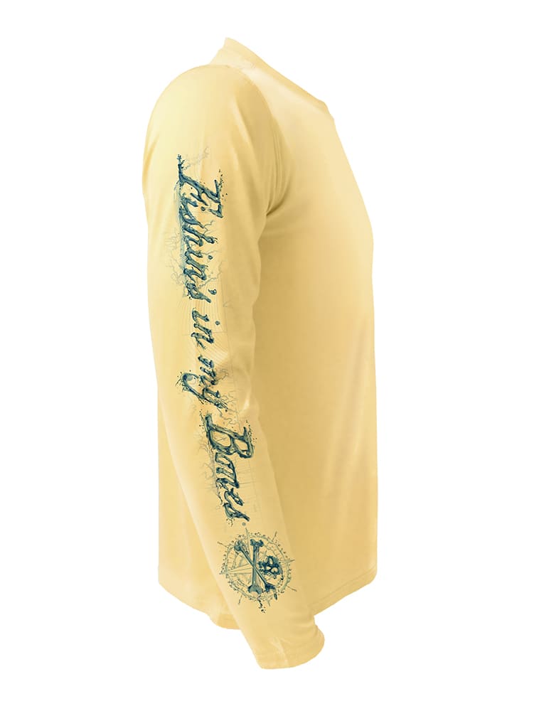 Fishins in My Bones Rattlin Jack Sun Protection Right Sleeve shown in Yellow on the Rattlin-Jack-Skull-Logo-Brown-Trout-Mens-Long-Sleeve