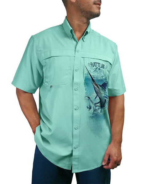Men's Marlin Button Down Sun Shirt by Rattlin Jack | UPF 50 Sun Protection | Lightweight Performance Fabric | Short Sleeves | Vented Back XL / Teal
