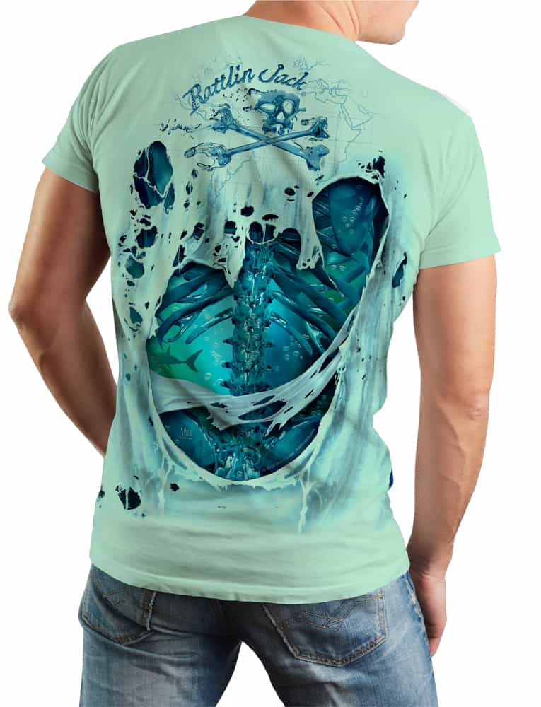 Mens-Skeleton-Water-Short-Sleeve-UV-TEAL-back view