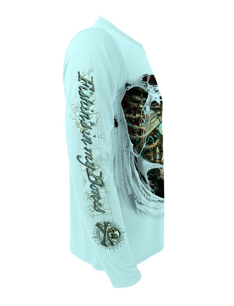 Men's Skeleton Water UPF 50 Fishing Shirt by Rattlin Jack | Long Sleeve | UV Protection | Performance Polyester Rash Guard | XL / Grey