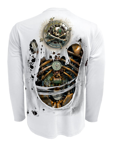 Men's Skeleton Metal Bones UV Fishing Shirt by Rattlin Jack | Long Sleeve | UPF 50 Sun Protection | Performance Polyester Rash Guard | S / Grey