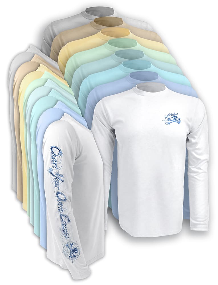 All available colors in this listing of Rattlin-Jack-Shark-UV-Fishing-Shirt-Mens-UPF-50 has the Rattlin Jack water logo on left chest and Chart Your Own Course on right sleeve.